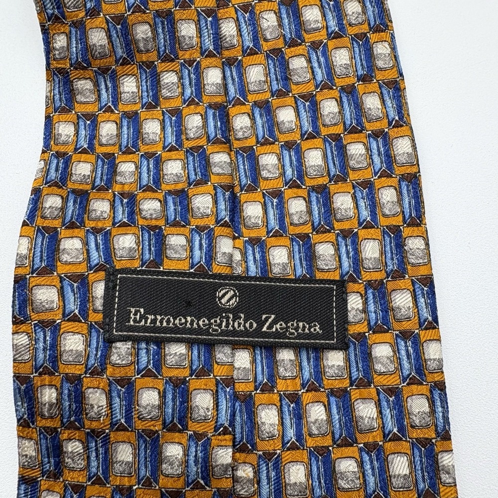 Ermenegildo Zegna Tie Mens Gold Blue Silver Geometric Silk Woven Italy Dress - Picture 5 of 6